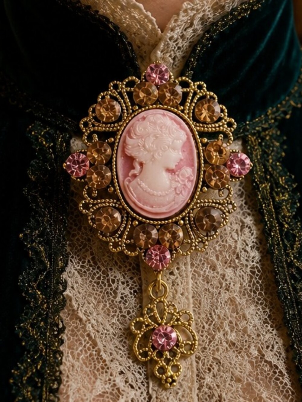 Royal Court Pink Cameo Brooch Rhinestone Filigree Victorian Bold Statement 2.75"